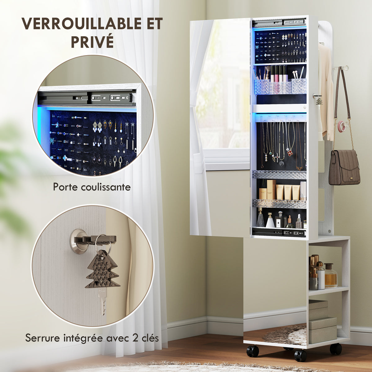 Armoire à bijoux armoire avec miroir sur pied pivotante à 360° éclairage LED 37x40x165,5cm cadre blanc, doublure noire-8