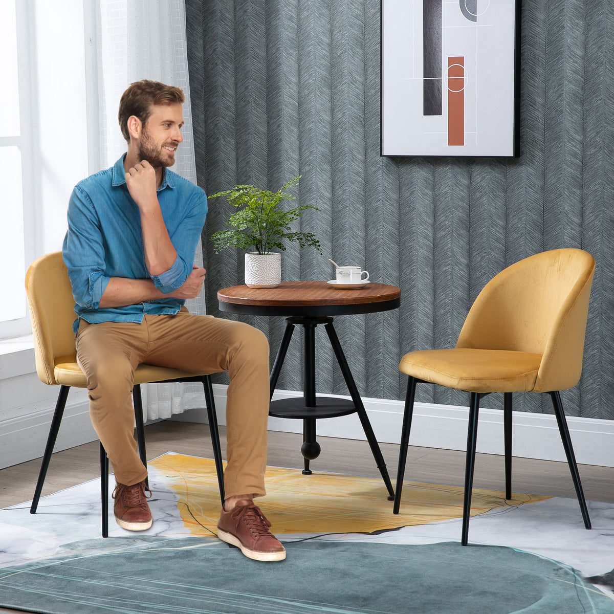 Lot de 2 chaises salle à manger chaise de cuisine scandinave chaise en velours rembourrée avec pieds effilés en métal, pour salon, salle à manger, jaune-8