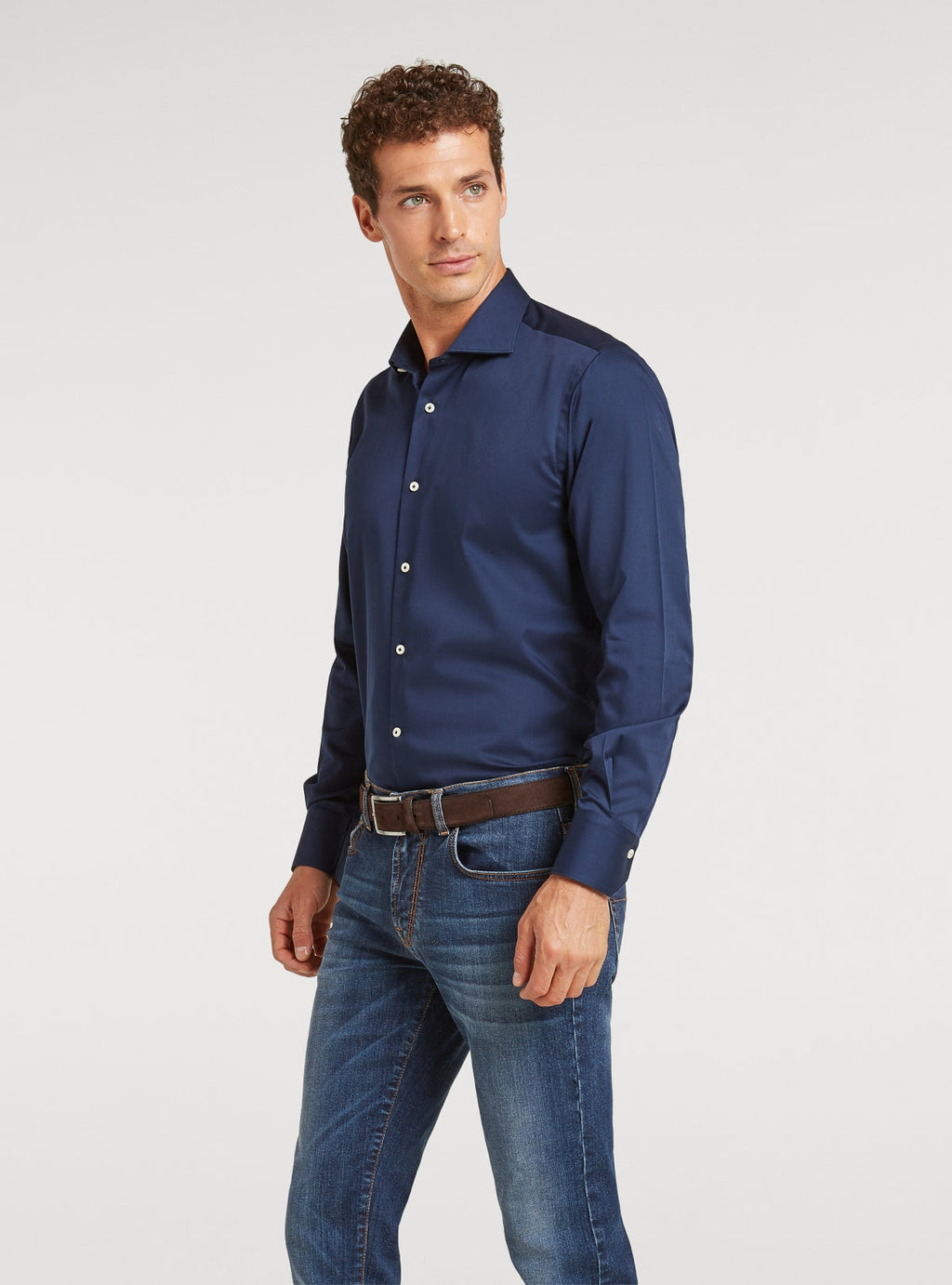 Camicia collo francese in puro cotone tinta unita-1