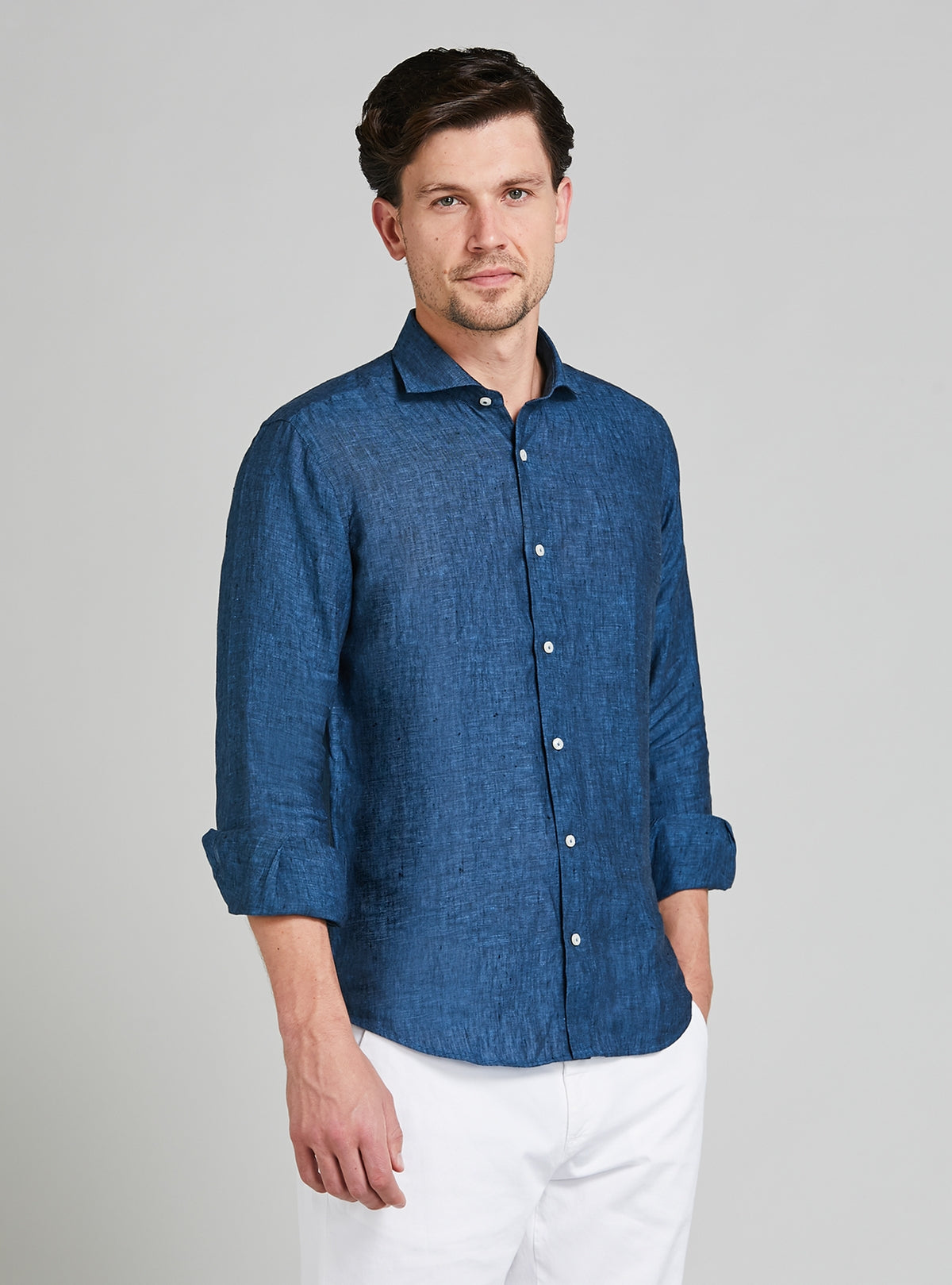 Camicia collo francese in lino tinta unita-1