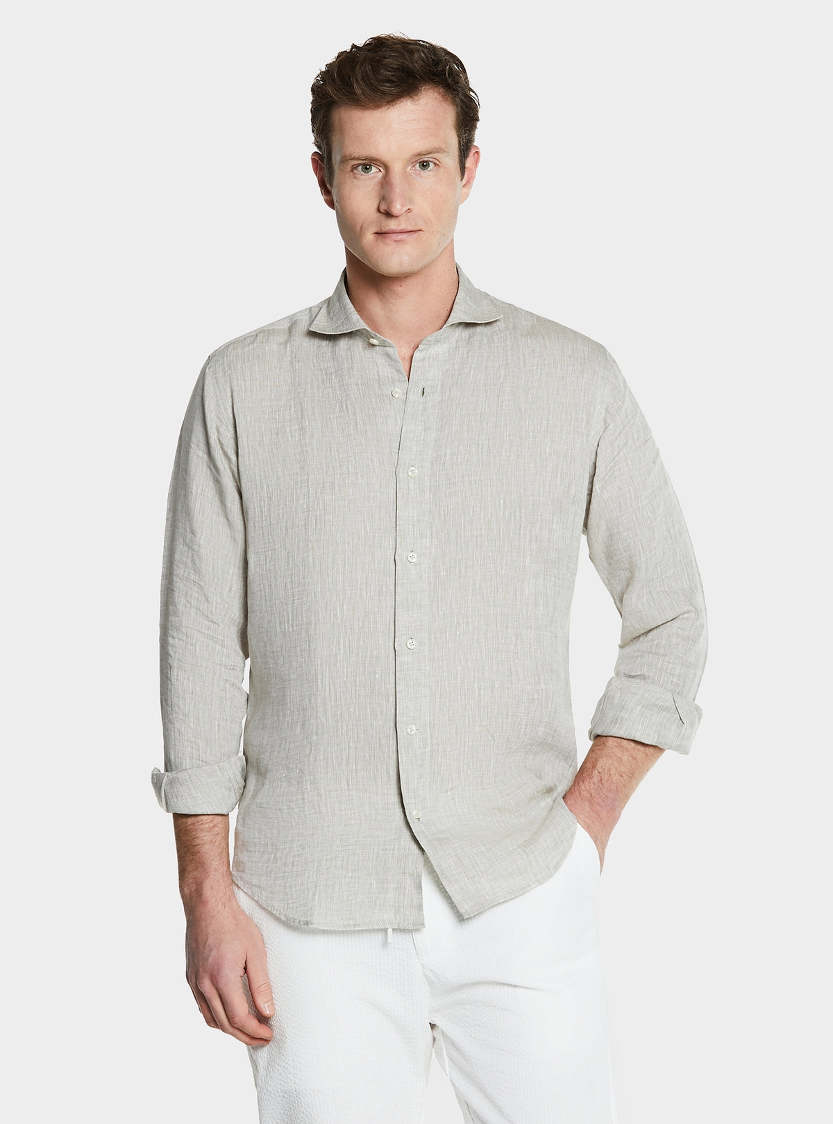 Camicia collo francese in lino tinta unita-1