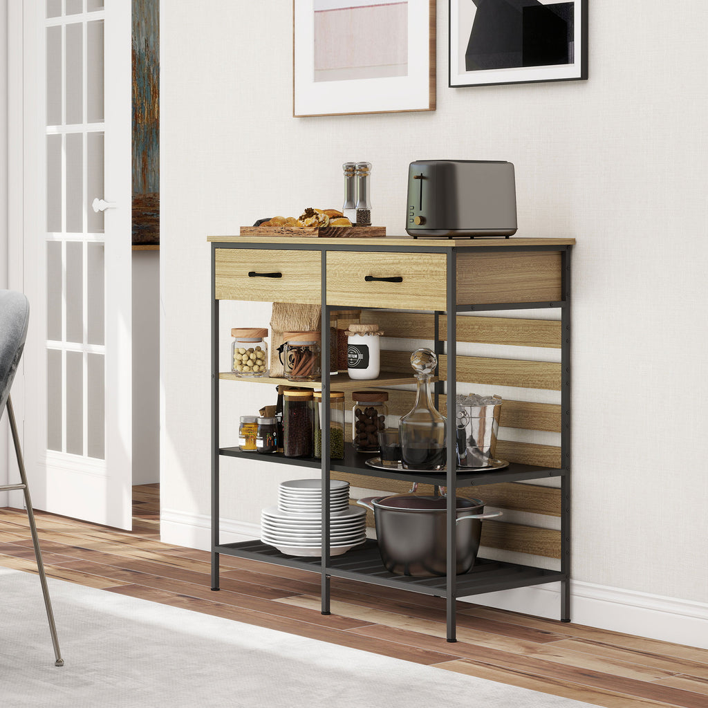 Buffet cuisine, meuble de rangement avec 2 tiroirs et 3 étagères ouvertes, 90 x 40 x 91 cm, bois naturel et noir-8