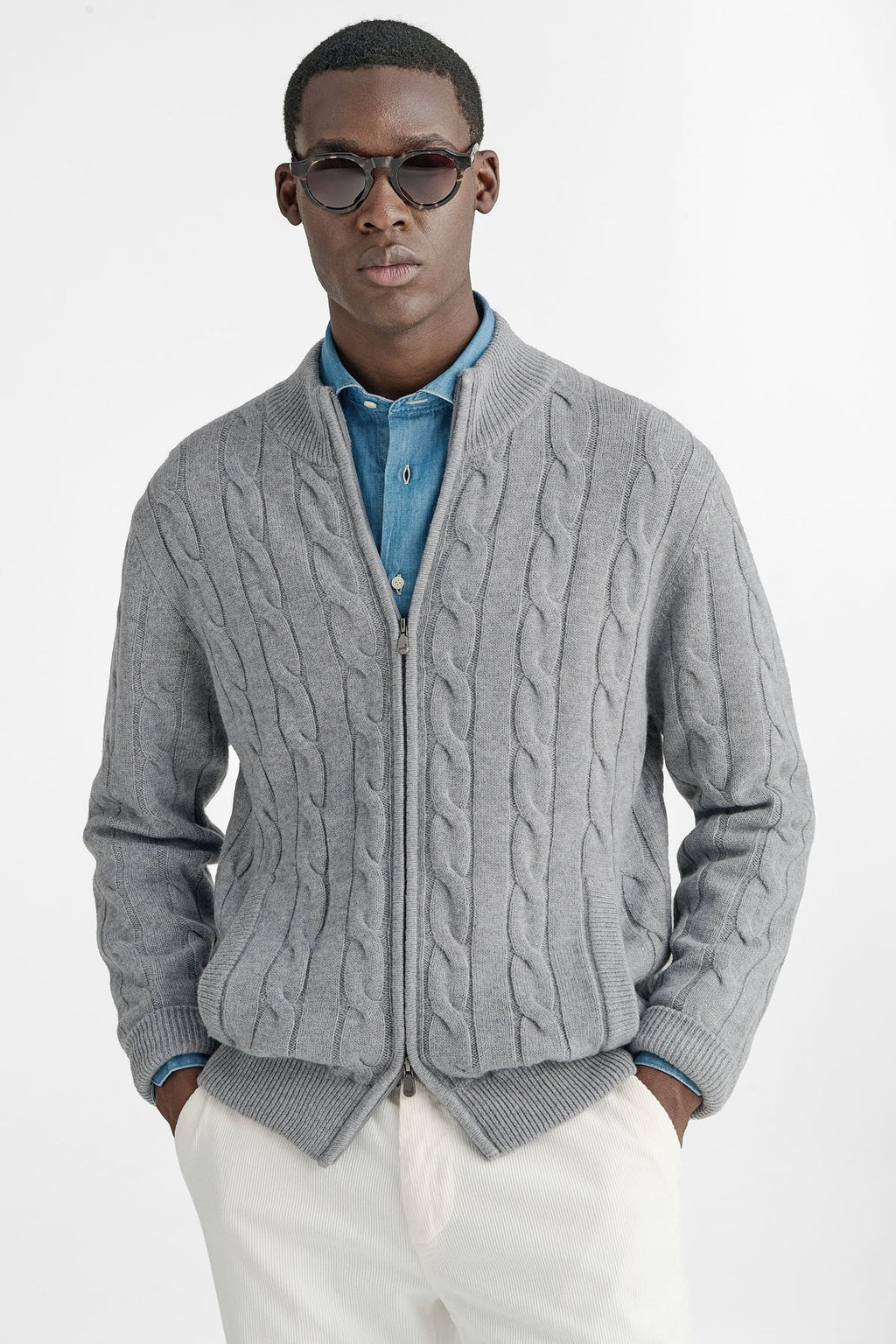 Cardigan a trecce in pura lana e cashmere-0