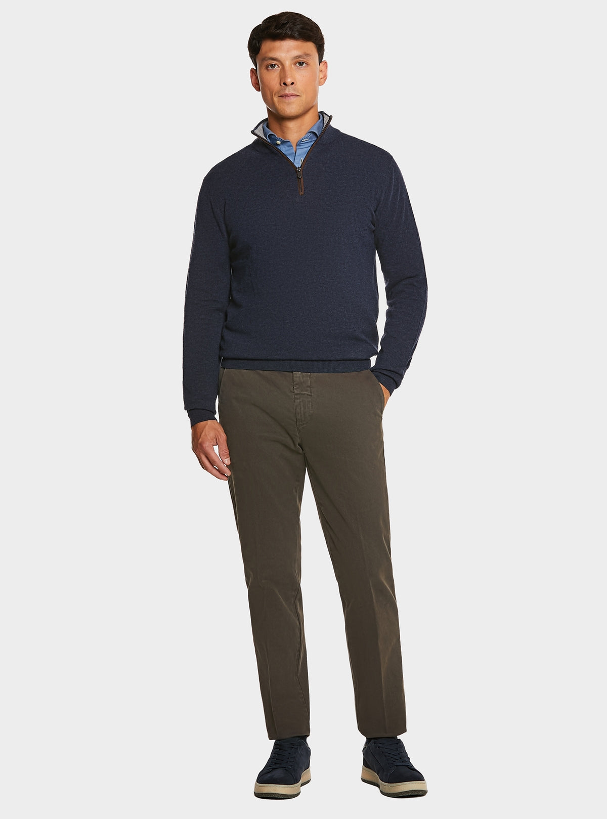 Pantalone tasca America in cotone stretch con microfantasia-3