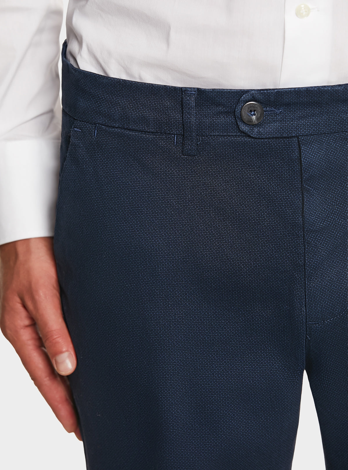 Pantalone tasca America in cotone stretch con microfantasia-3