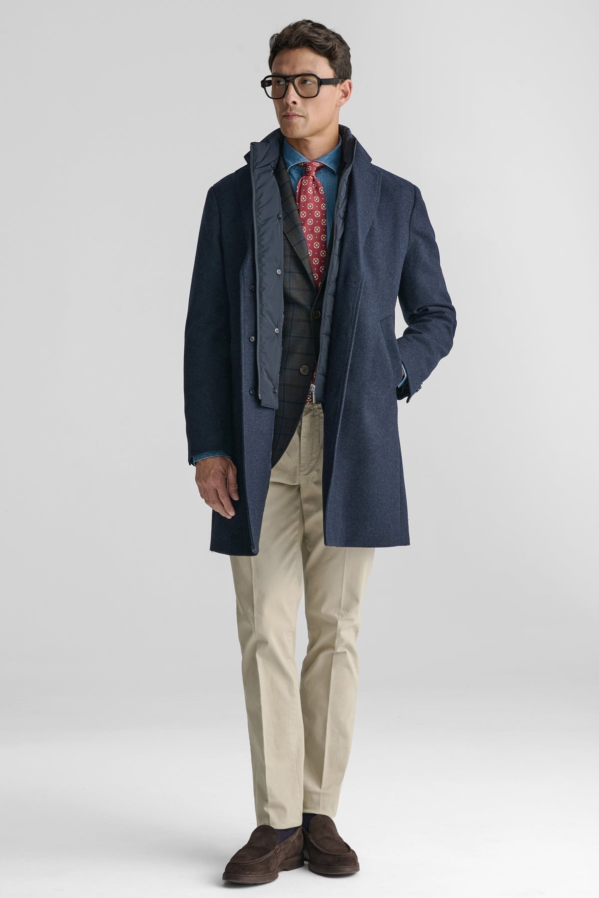 Cappotto uomo blu con pettorina in misto lana-0