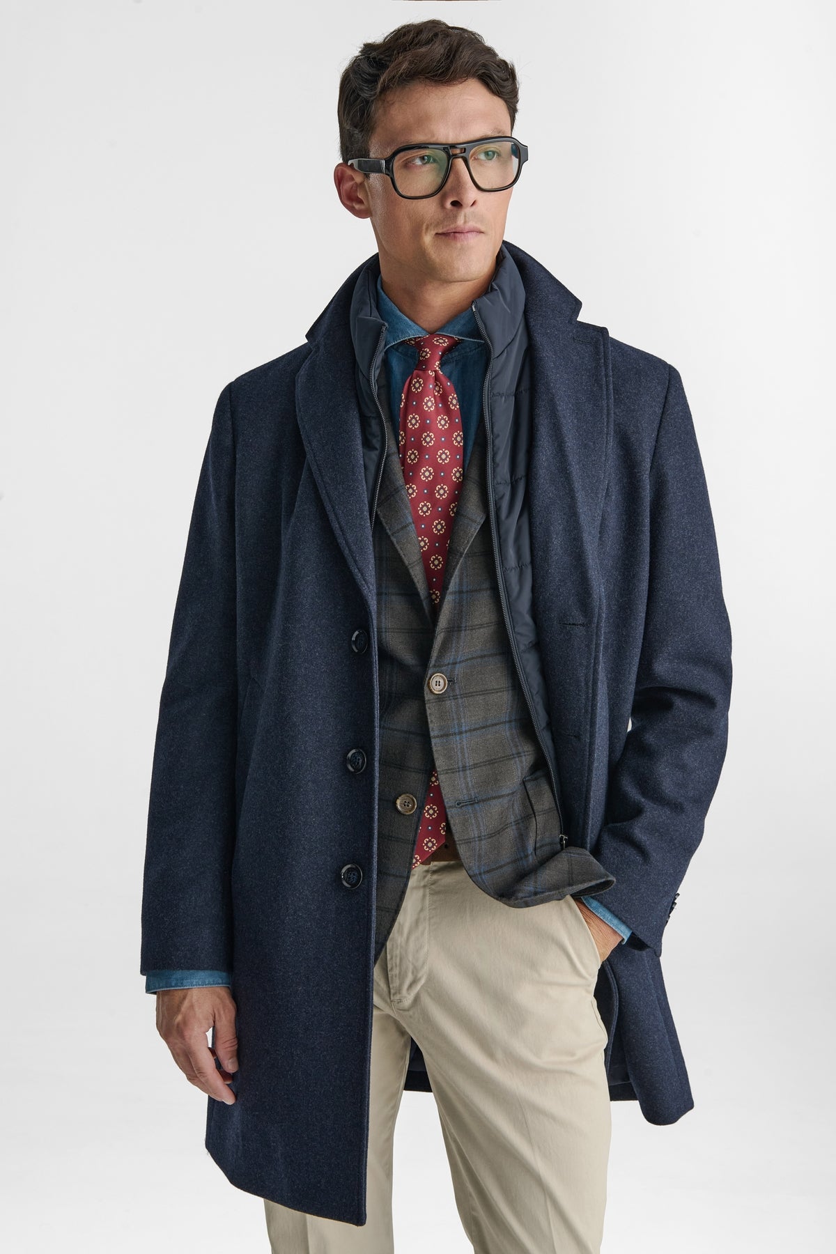 Cappotto uomo blu con pettorina in misto lana-1