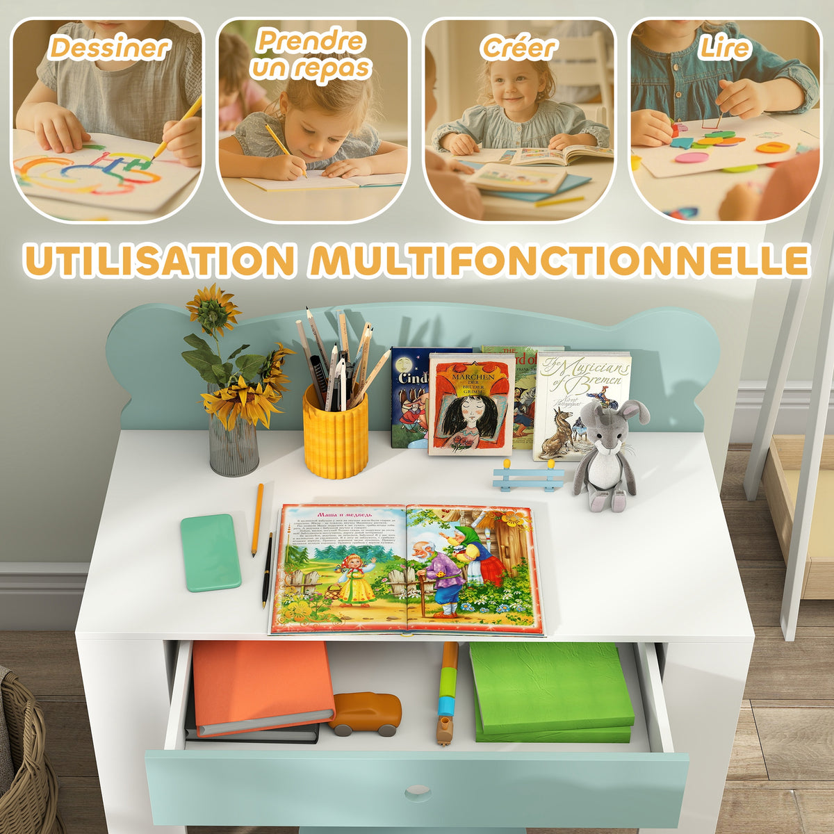 Bureau enfant avec chaise, table enfant et chaise avec tiroir et large plateau, 80 x 41 x 74,5 cm, vert-3