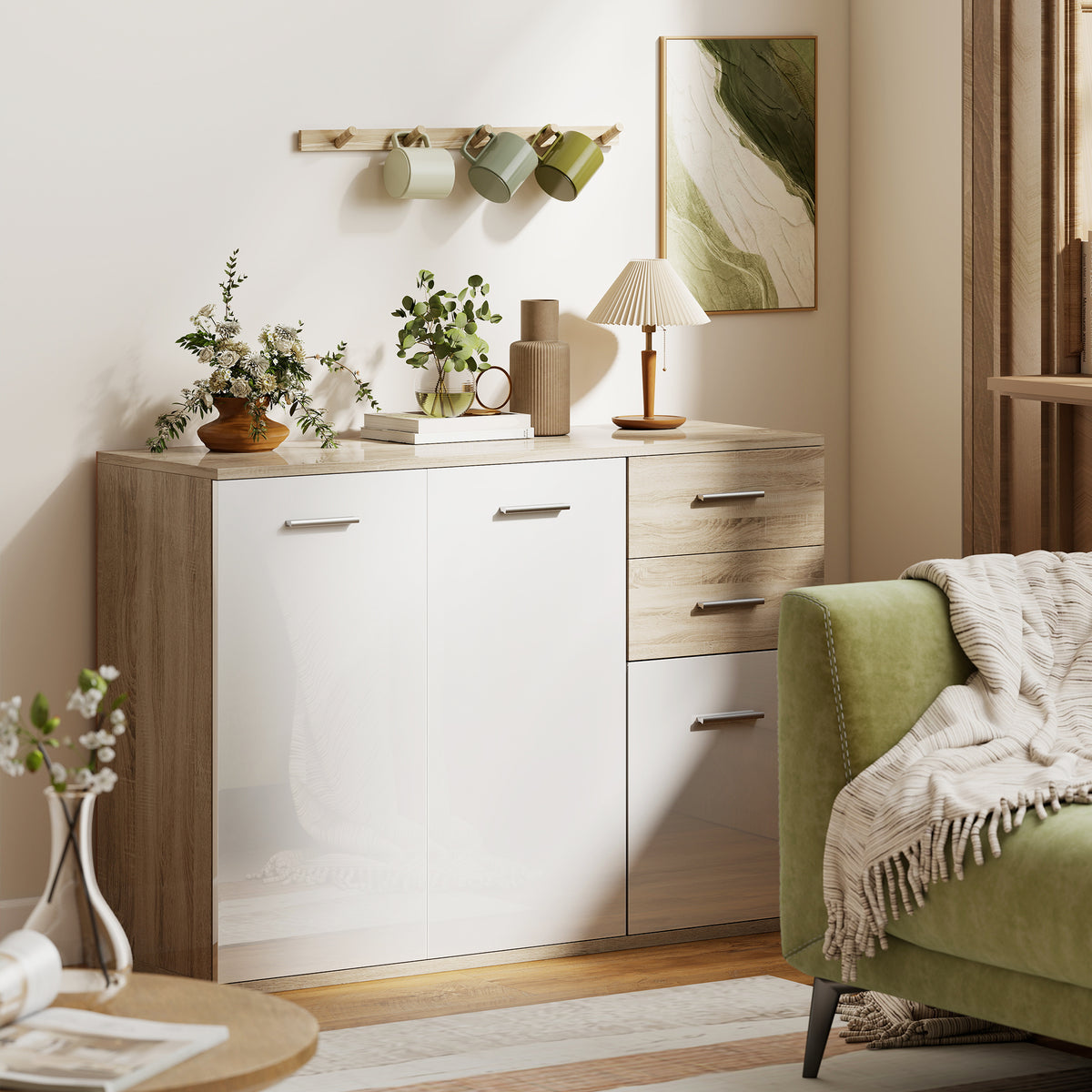 Buffet salon, meuble de rangement avec 2 tiroirs, 3 portes et étagère réglable, 106 x 35 x 76 cm, blanc et bois naturel-1