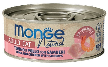 MONGE CAT NATURAL ADULT TONNO, POLLO CON GAMBERI 80 GR.