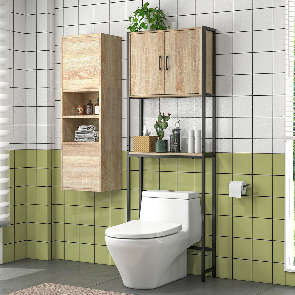 Étagère de toilettes meuble de salle de bain dessus toilette WC avec placard 2 portes et étagère ouverte-8