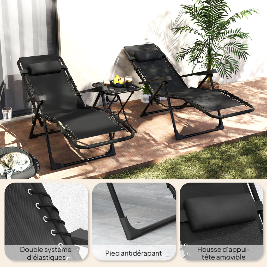 Lot de 2 chaise longue pliable et inclinable avec table d'appoint, porte-gobelets et appuie-têtes, charge 120 kg, noir-7