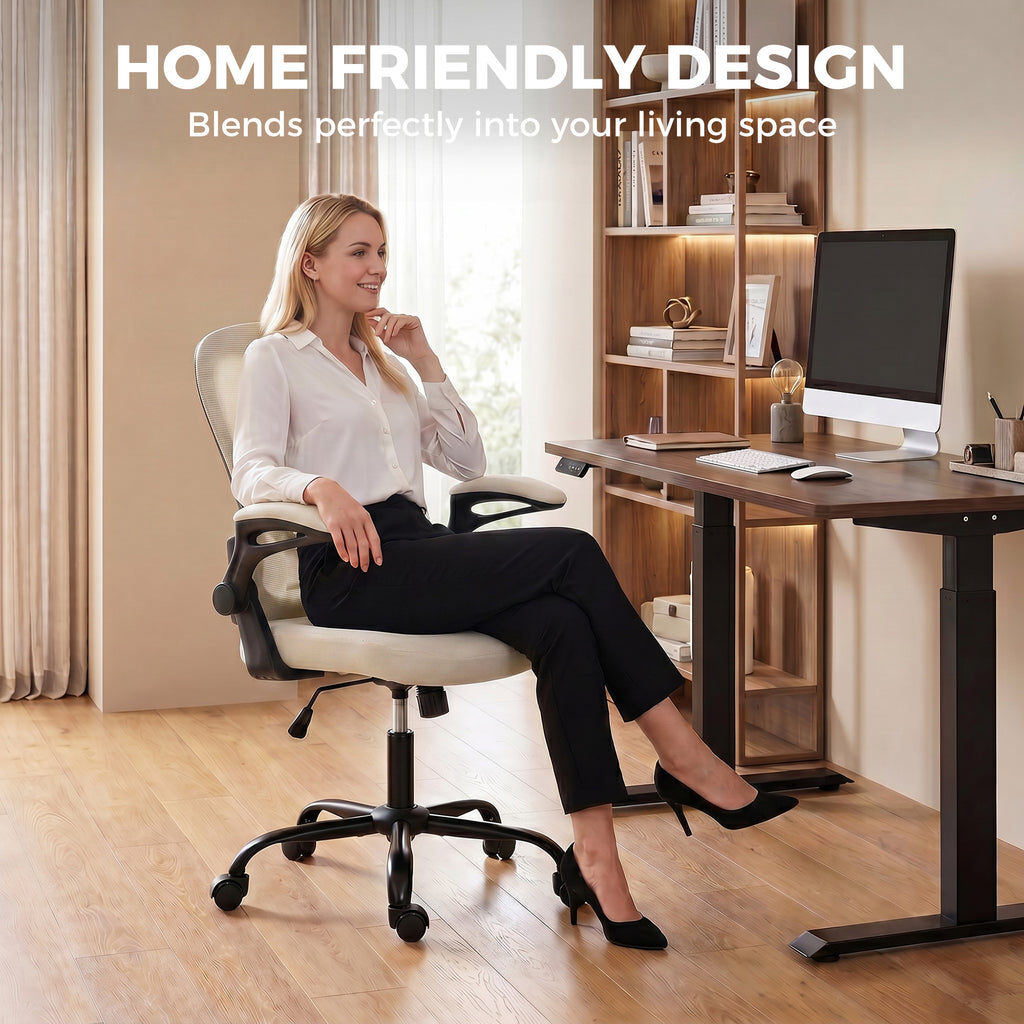 Chaise Bureau Ergonomique, Fauteuil de Bureau Maille, Accoudoirs Relevables, Hauteur Réglable, Fonction Bascule, Beige-7