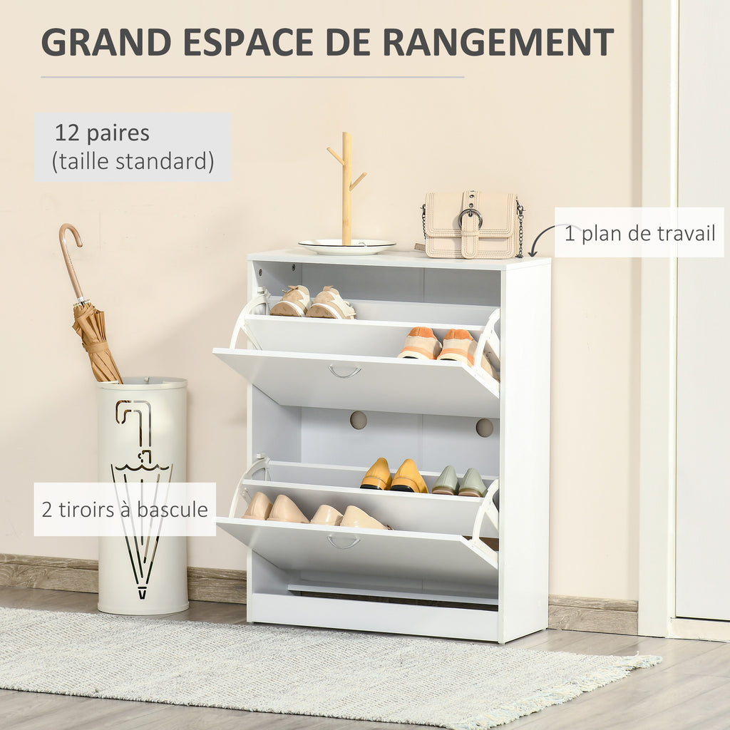 Armoire à Chaussures Meuble à Chaussures dim. 60L x 24l x 80H cm 2 Portes abattantes Blanc-3