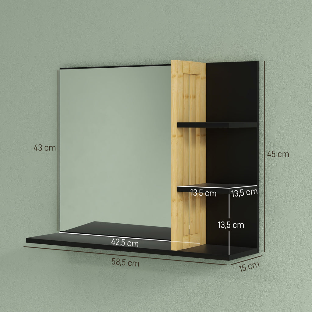 Miroir mural de salle de bain avec étagères de rangement - 3 étagères latérales + 1 étagère inférieure - bois de bambou-2