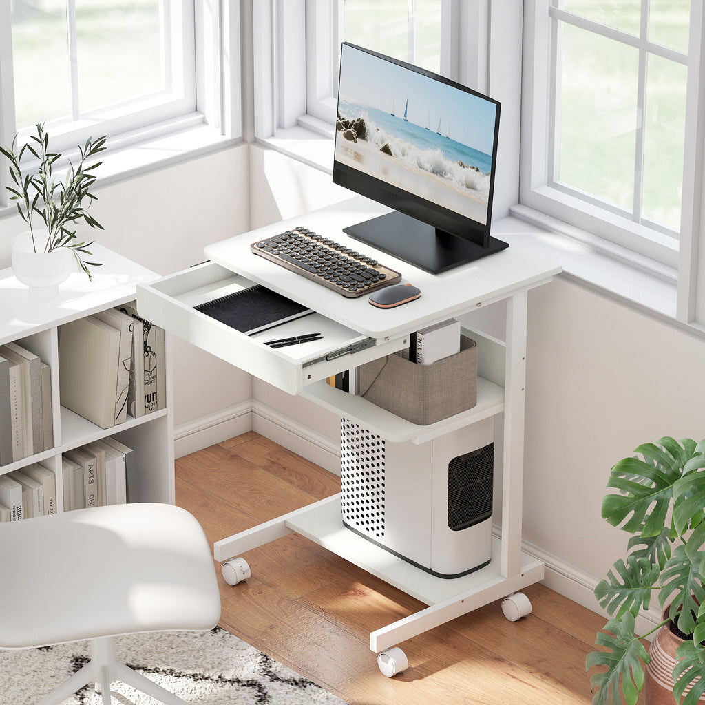 Bureau d'ordinateur sur roues, bureau avec rangement 56 x 51 cm avec tiroir, compartiment et support CPU, blanc-9
