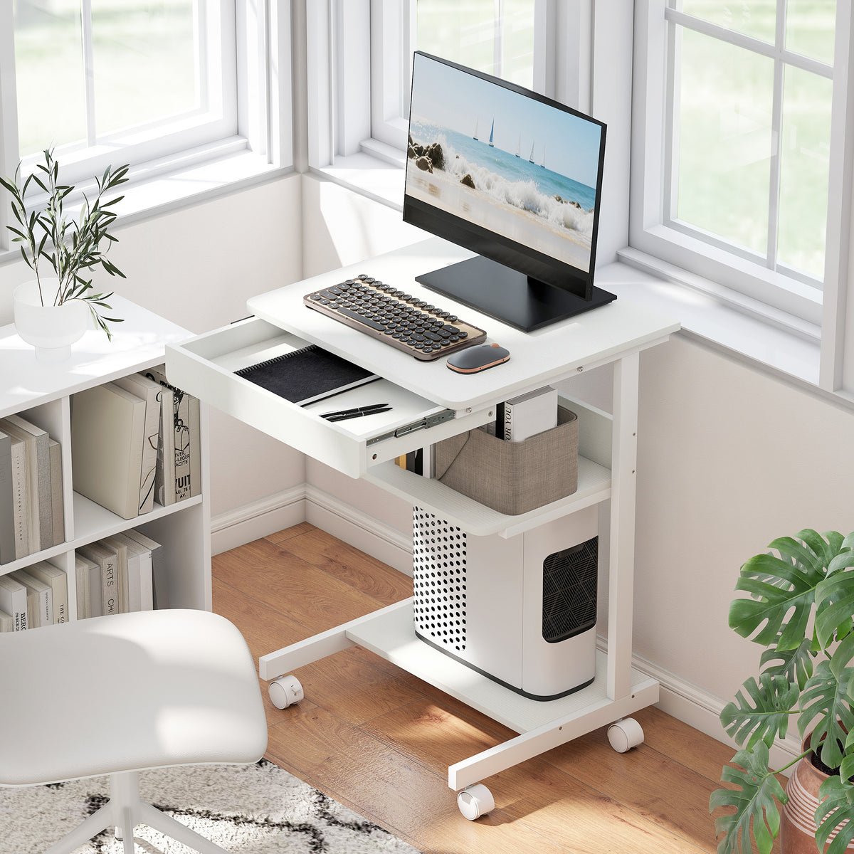 Bureau d'ordinateur sur roues, bureau avec rangement 56 x 51 cm avec tiroir, compartiment et support CPU, blanc-9