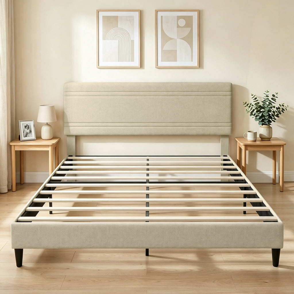 Cadre de Lit 160 x 200 cm avec Sommier en Bois, Rembourré en Effet Lin, Cadre en Acier, 9 Pieds Robustes, Beige-1