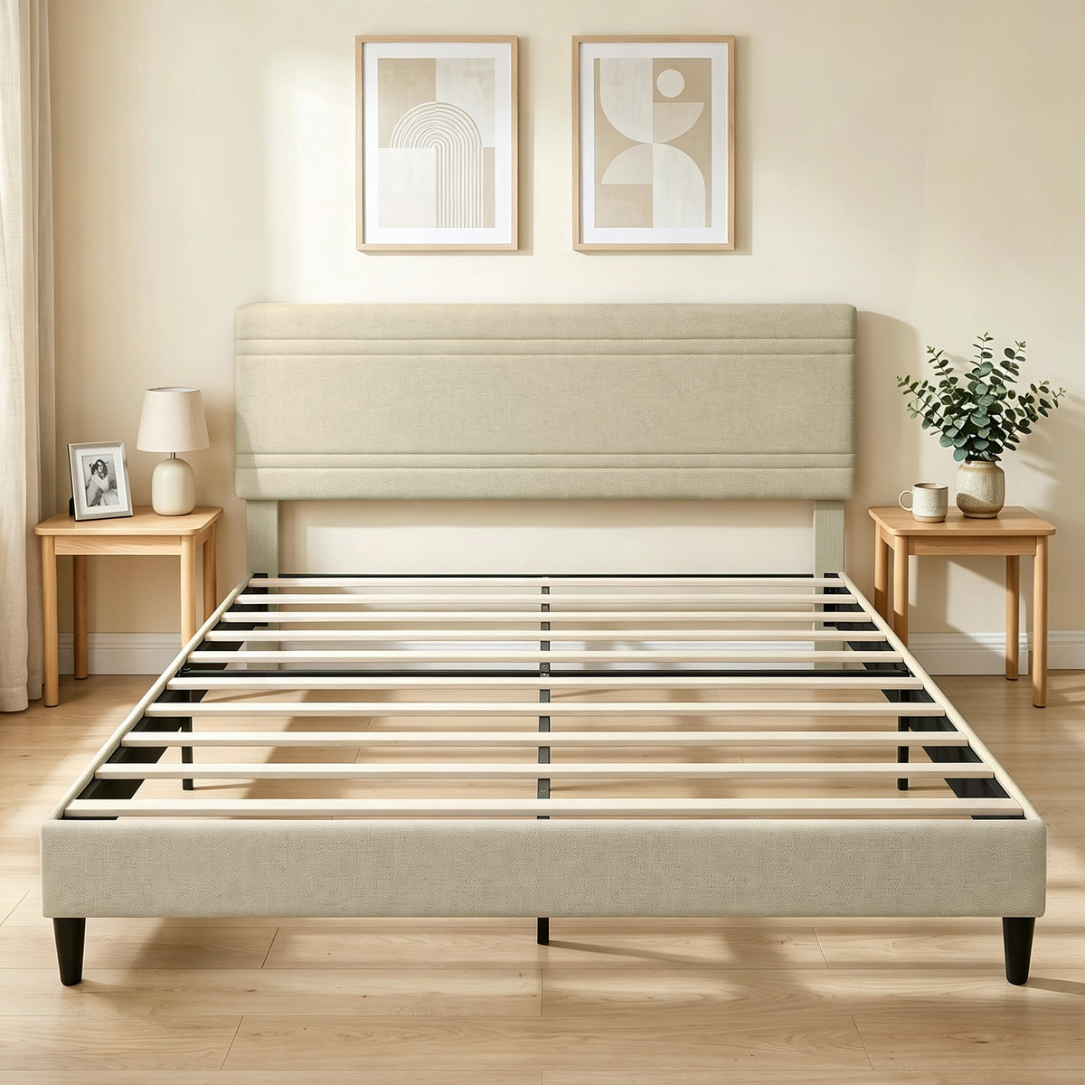 Cadre de Lit 160 x 200 cm avec Sommier en Bois, Rembourré en Effet Lin, Cadre en Acier, 9 Pieds Robustes, Beige-1
