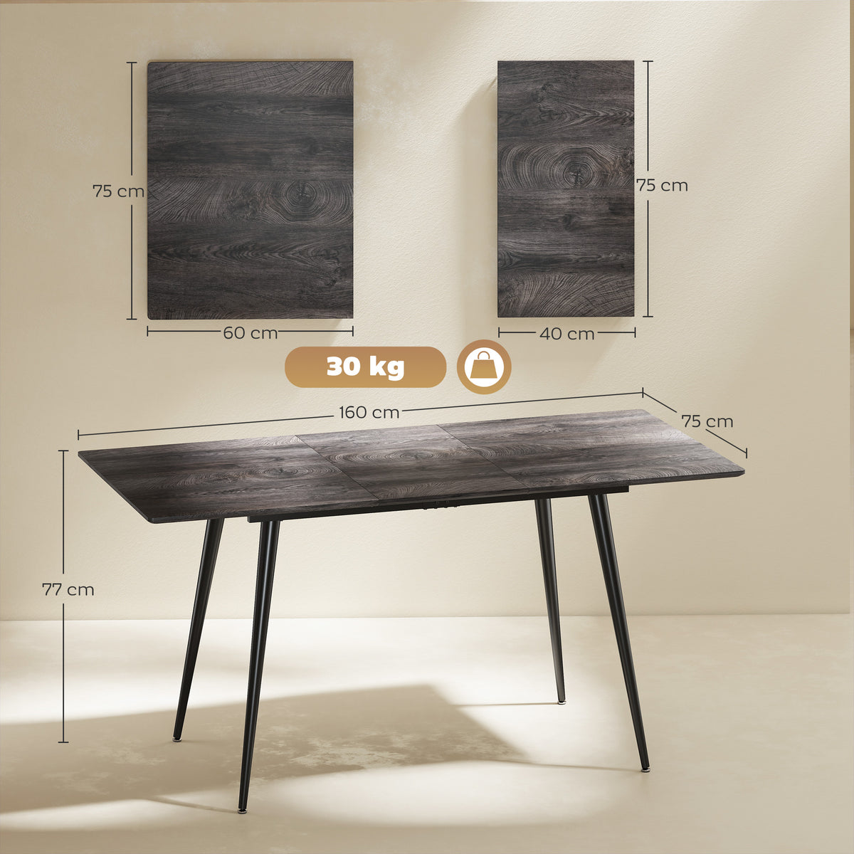 Table à manger pliante table extensible 120-160 cm jusqu'à 6 à 8 personnes avec pieds en acier, gris-2