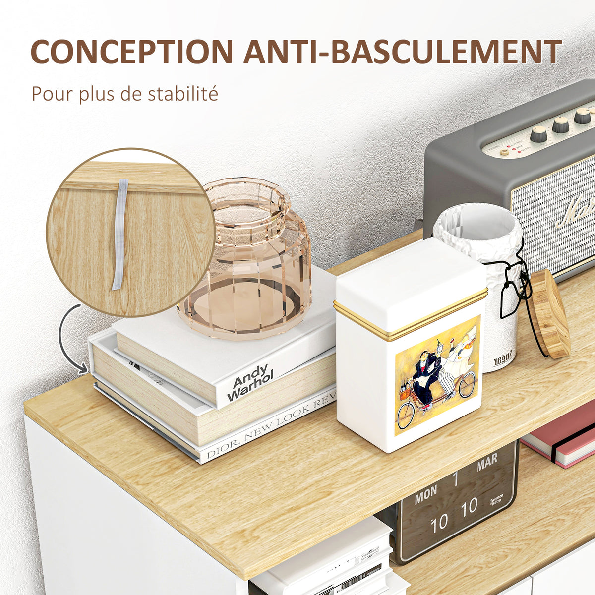 Meuble de rangement buffet sur pied scandinave placard 2 portes avec étagère intérieure blanc et aspect bois-5