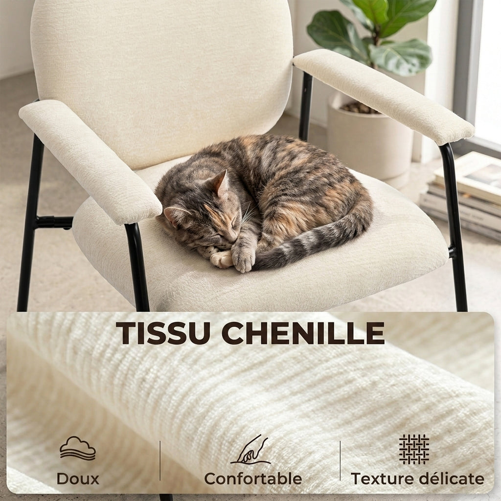 Lot de 2 Fauteuils Salon, Fauteuils d'Appoint en Chenille avec Dossier Profilé, Accoudoirs Rembourrés, Crème-4