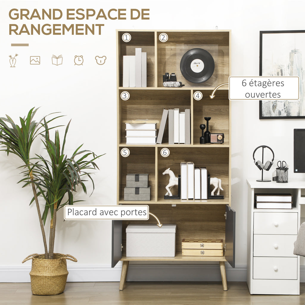 Bibliothèque étagère meuble de rangement placard 6 étagères dim. 80L x 35l x 180H cm naturel et gris foncé-3