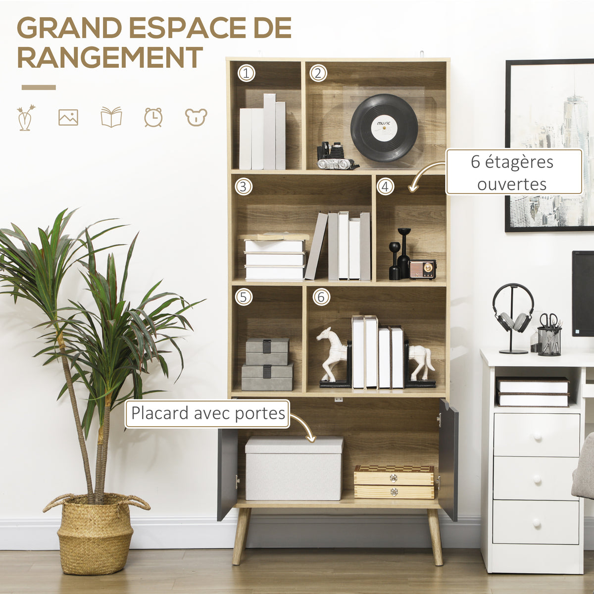 Bibliothèque étagère meuble de rangement placard 6 étagères dim. 80L x 35l x 180H cm naturel et gris foncé-3
