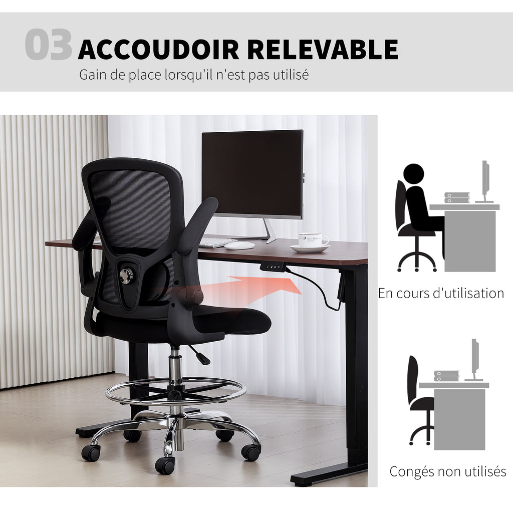 Chaise bureau ergonomique, chaise de dessin, support lombaire 4D, accoudoirs relevables, 60 x 60 x 108-132 cm, noir-5