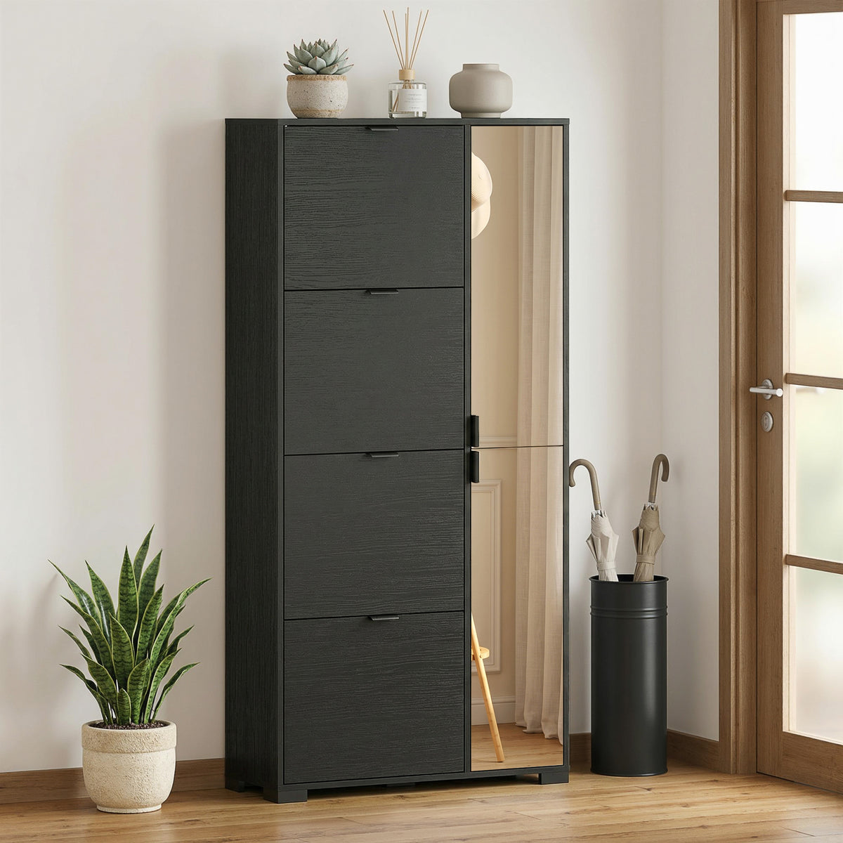 Meuble à chaussures 16 paires armoire à chaussures 4 tiroirs rabattables 2 portes en miroir étagères réglables noir-7