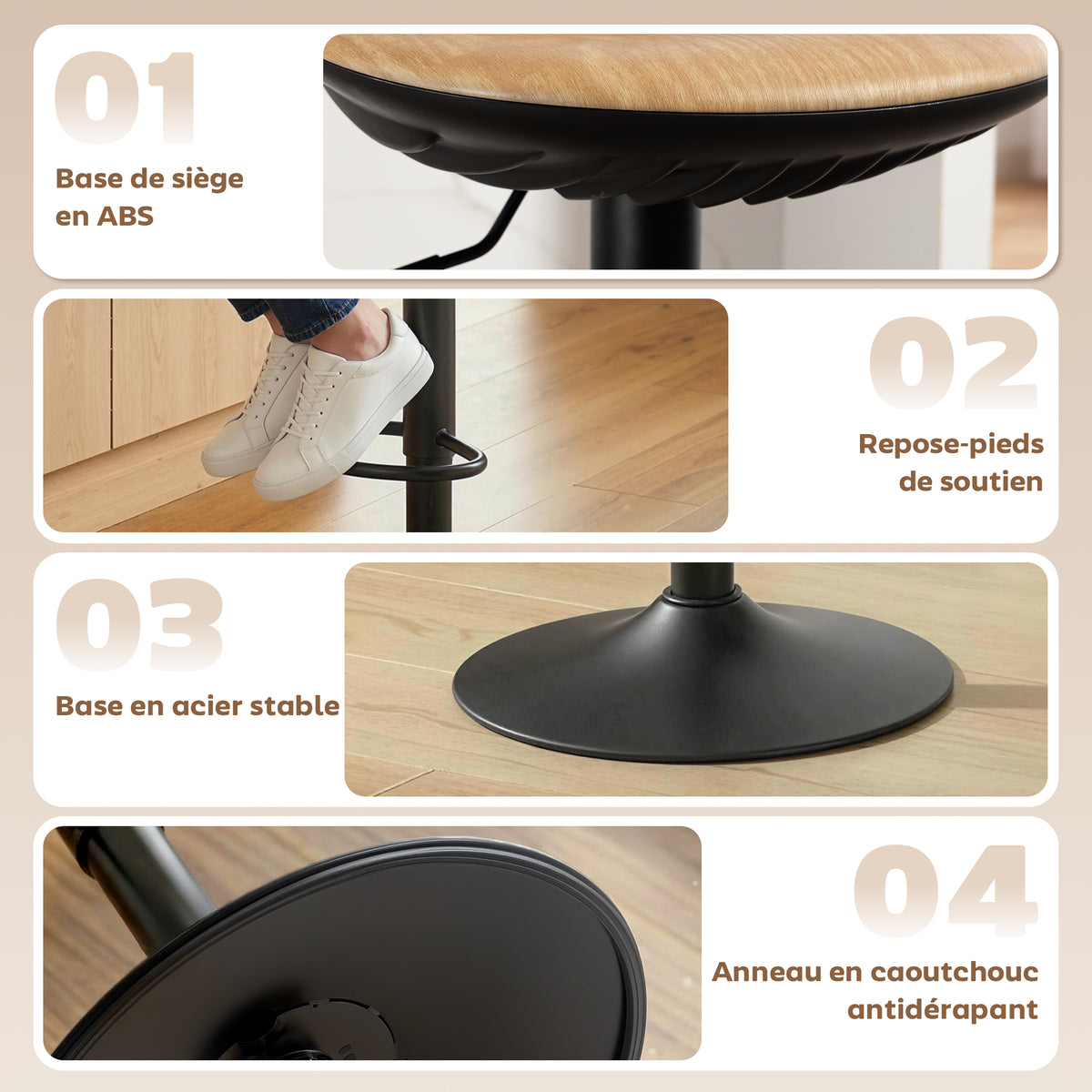 Lot de 2 tabourets de bar, chaises de bar réglables en hauteur avec repose-pieds, pivotant 360°, base en acier, chêne-8