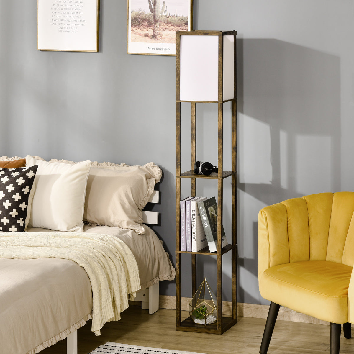 Lampadaire étagère Lampe étagère 26L x 26l x 160H cm 3 étagères 4 Niveaux MDF Blanc et Marron-6