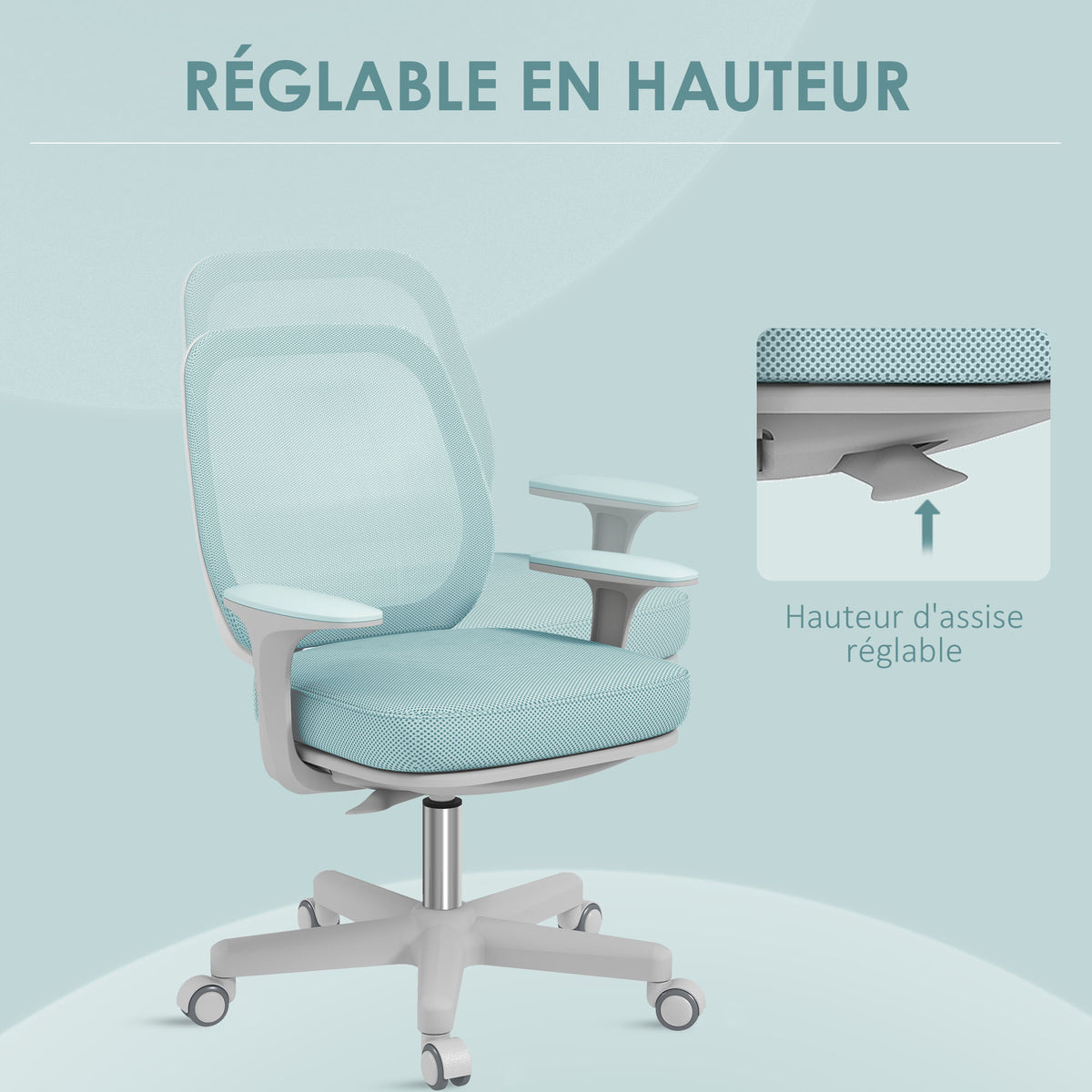 Fauteuil de bureau, chaise de bureau ergonomique en maille, hauteur réglable, 55x48x82,5-94,5cm, vert-4