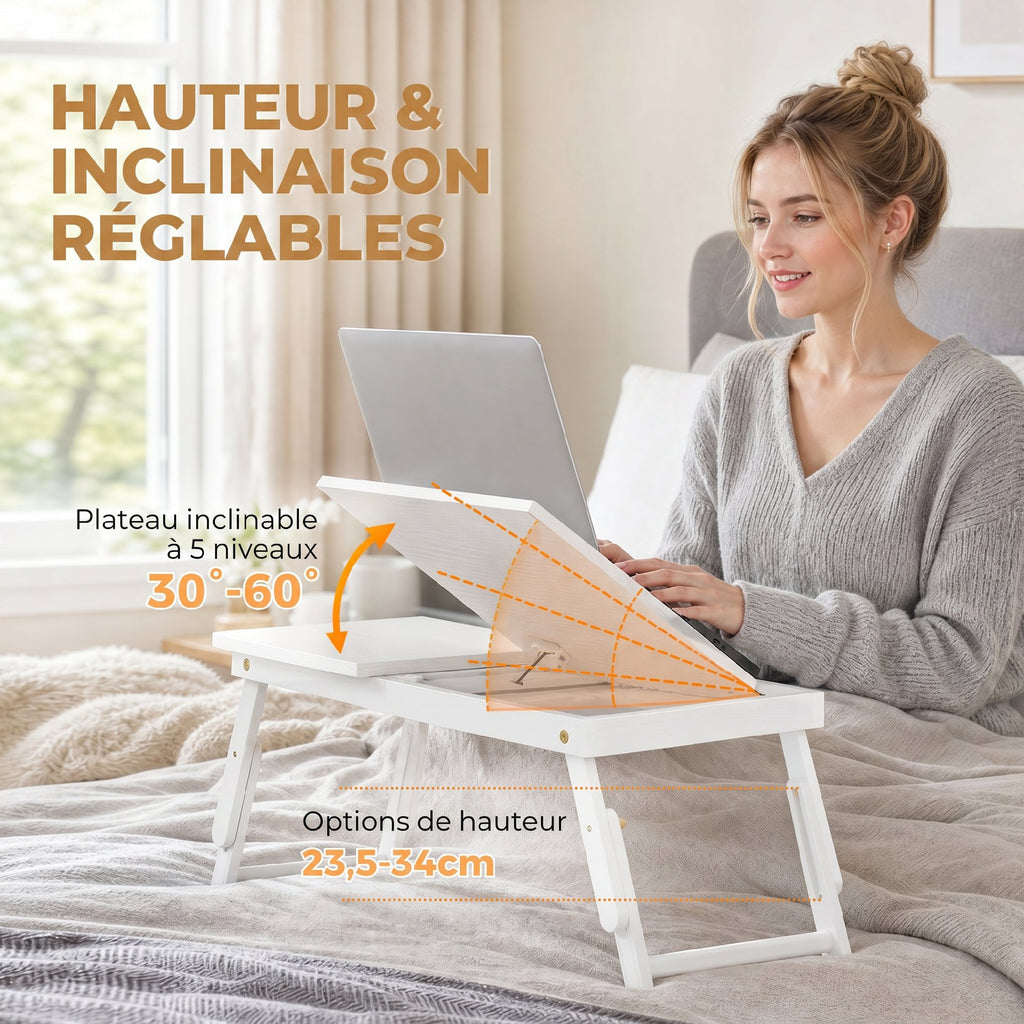 Table de lit pliable et réglable, plateau de lit pour ordinateur portable en bambou plateau inclinable 83,5x33x34cm blanc-3