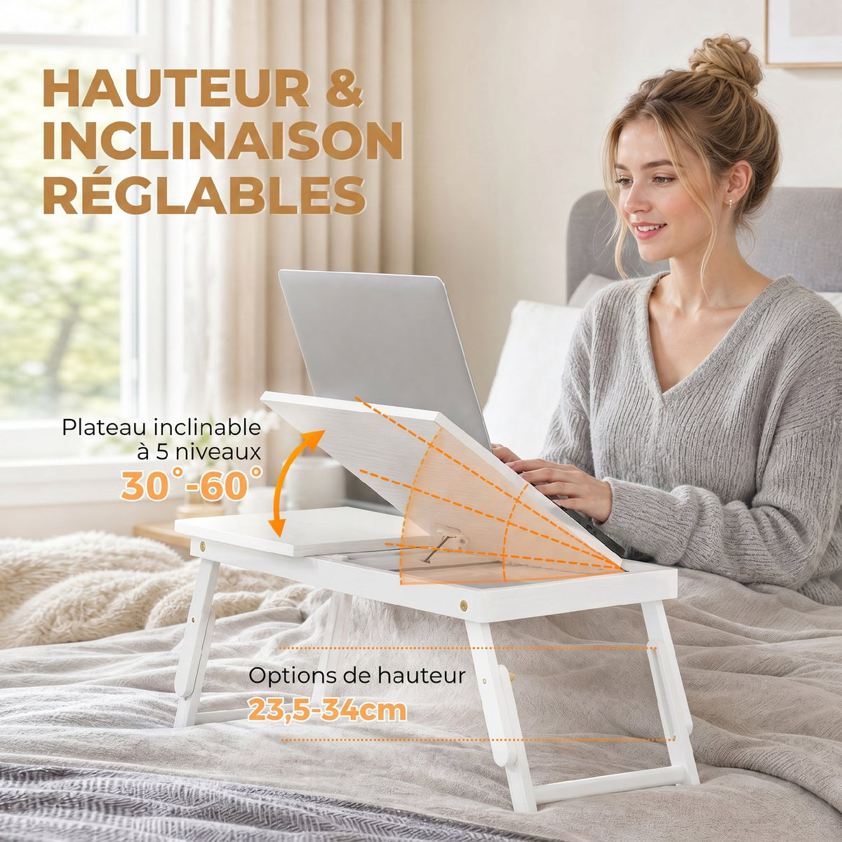 Table de lit pliable et réglable, plateau de lit pour ordinateur portable en bambou plateau inclinable 83,5x33x34cm blanc-3