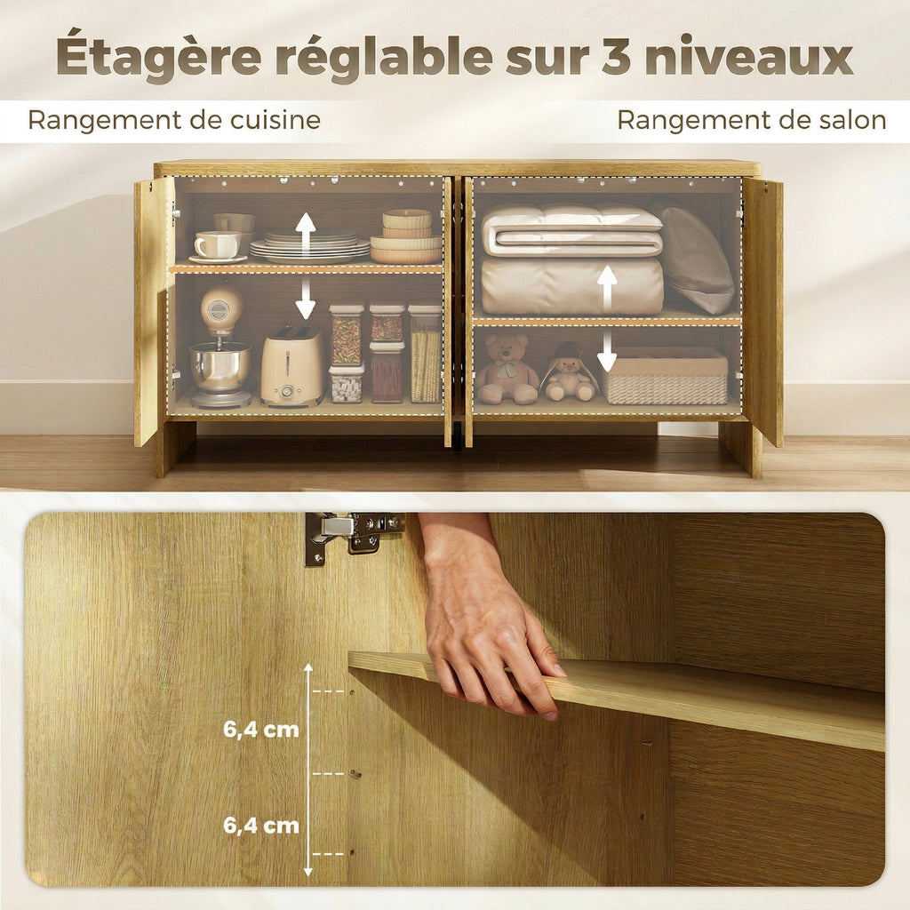 Buffet salon, meuble de rangement avec 4 portes rainurées, étagère réglable, ouverture par pression, 147x40x77cm, chêne-4