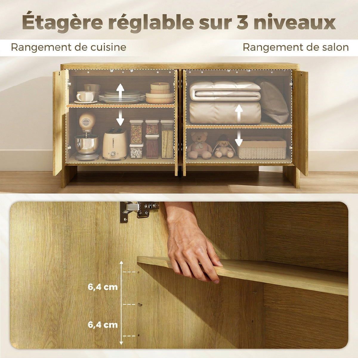 Buffet salon, meuble de rangement avec 4 portes rainurées, étagère réglable, ouverture par pression, 147x40x77cm, chêne-4