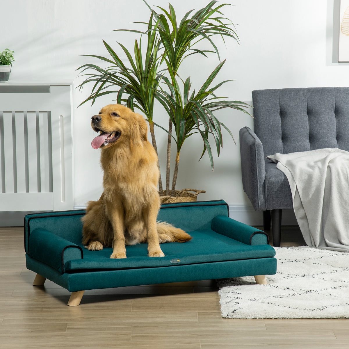 Canapé pour chien chat design scandinave coussin moelleux amovible pieds bois massif 100 x 62 x 32 cm bleu canard-1