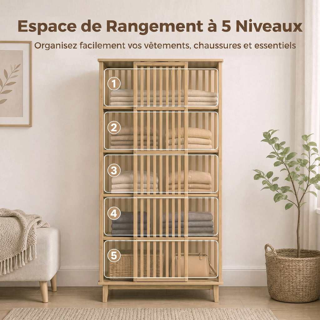 Armoire Chambre Penderie en Bambou 5 Niveaux avec Porte Coulissante, Design Aéré à Lattes, Bois Naturel-5