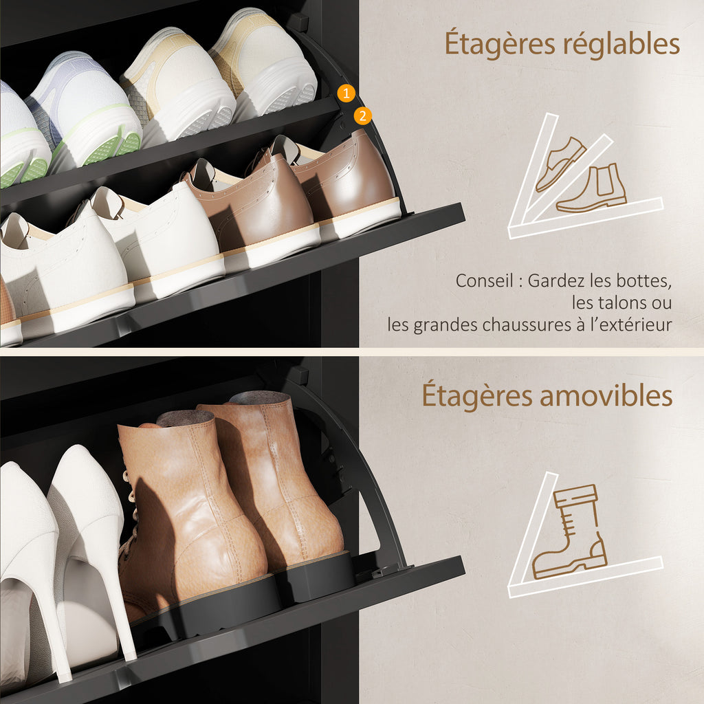Armoire à Chaussures 3 Portes abattantes 2 Compartiments Panneaux Particules noir chêne-4
