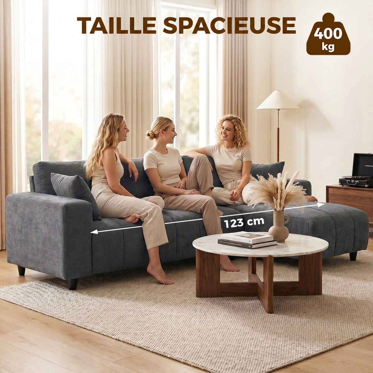 Canapé d'Angle Modulable 242 cm, Canapé 4 Places en L avec Méridienne Réversible, 2 Oreillers, Tissu Aspect Lin, Gris-6