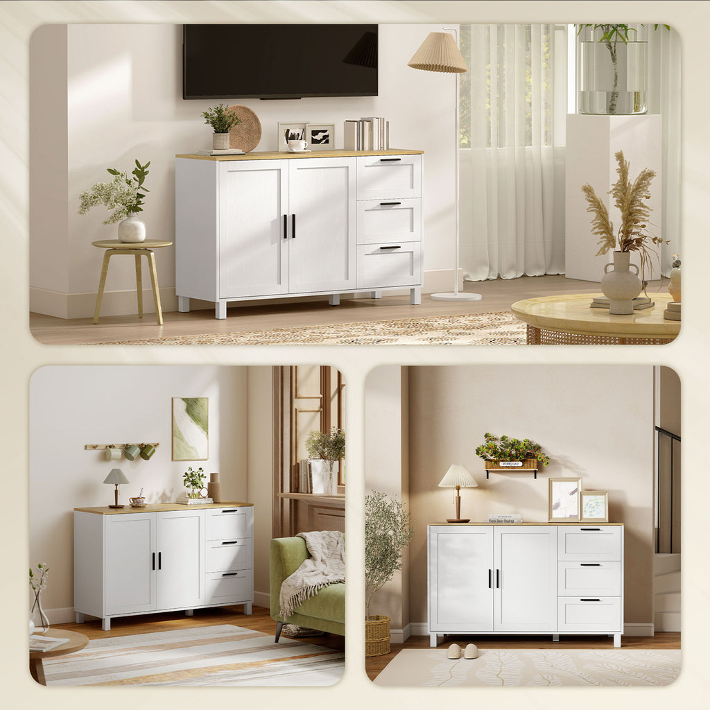 Buffet salon, meuble de rangement, double porte à fermeture amortie, 3 tiroirs et étagère réglable, 120x38x76cm, blanc-7
