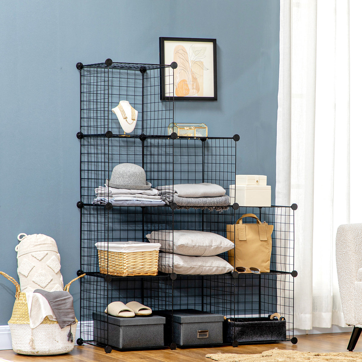 Étagère cube modulable DIY avec 9 compartiments en treillis métallique pour salon, chambre à coucher, noir-1