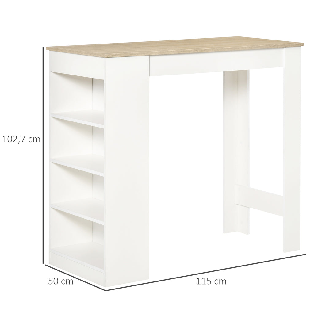 Table de bar pour 2 personnes, table haute mange debout avec 4 étagères ouvertes, 115x50x102,7cm, blanc et bois naturel-2
