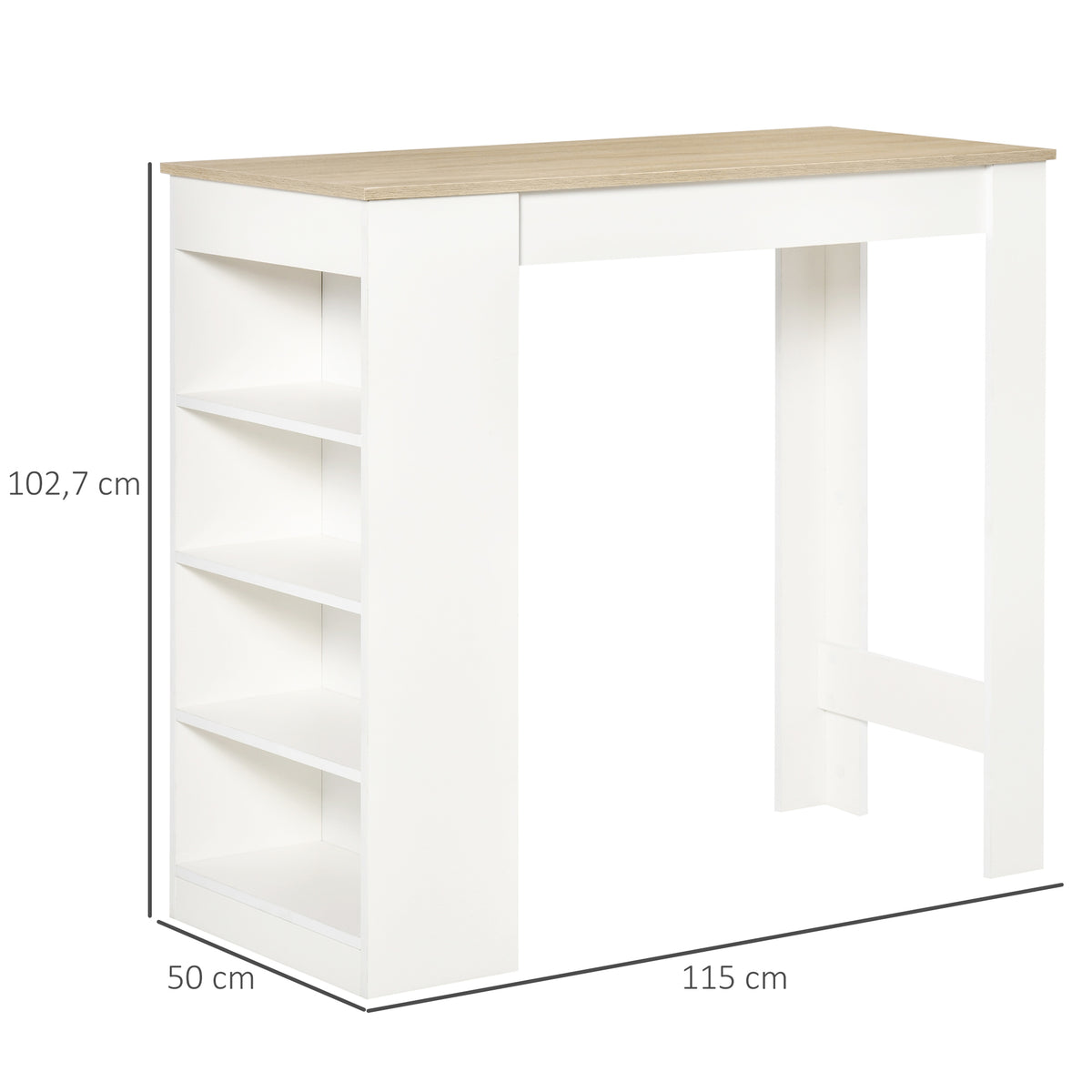 Table de bar pour 2 personnes, table haute mange debout avec 4 étagères ouvertes, 115x50x102,7cm, blanc et bois naturel-2
