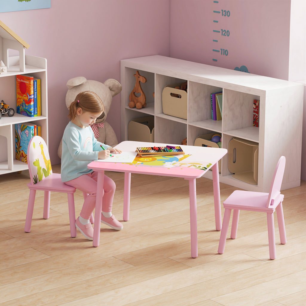 Table enfant avec chaise, ensemble table et 2 chaises en bois pour dessiner, jouer, étudier, rose-9