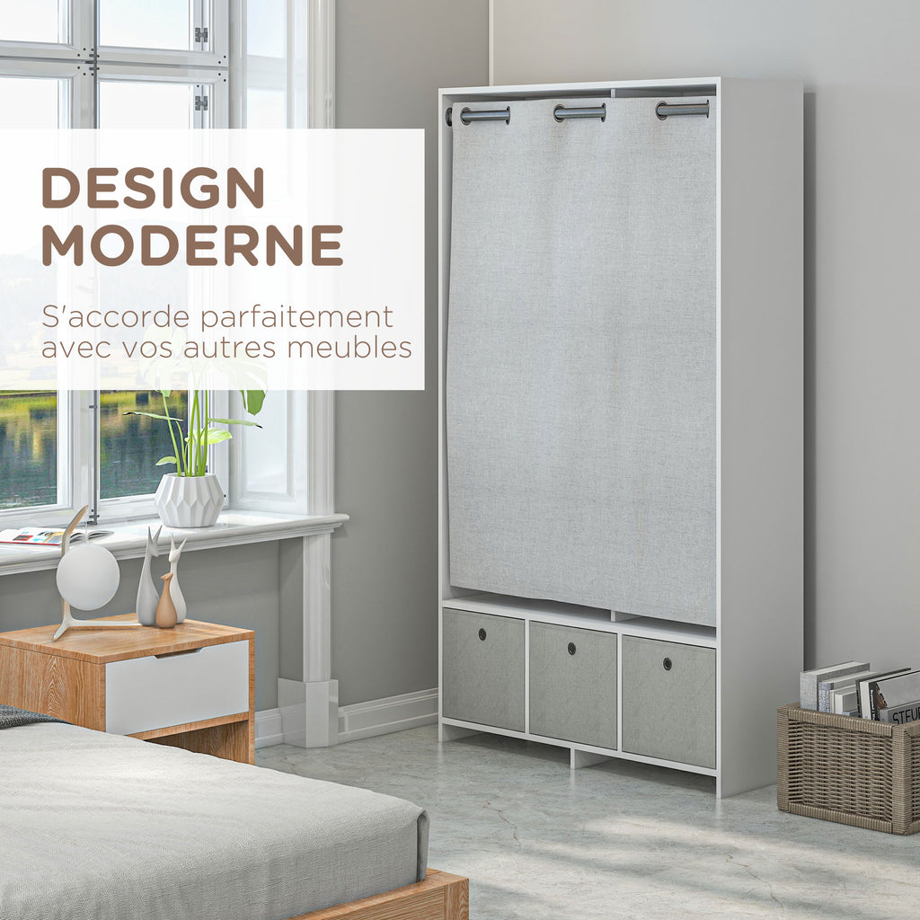 Armoire penderie armoire de rangement avec tringle rideaux 3 tiroirs en tissu amovibles 105 x 48 x 160 cm blanc-3