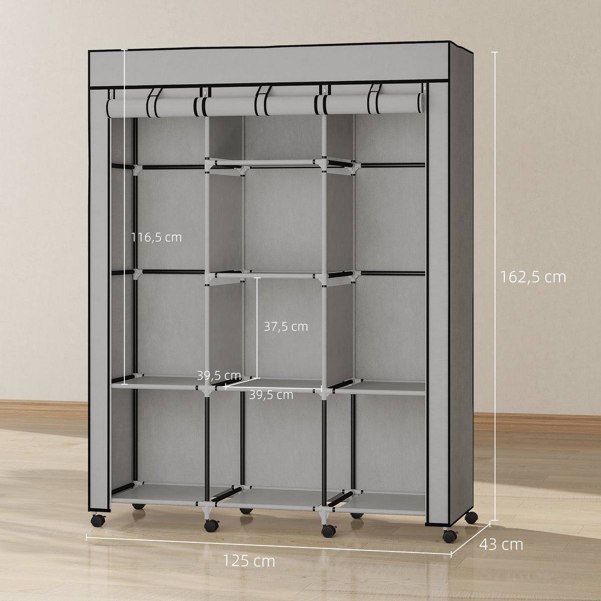 Armoire penderie multi-rangement - 8 étagères, 2 barres - non tissé gris-2