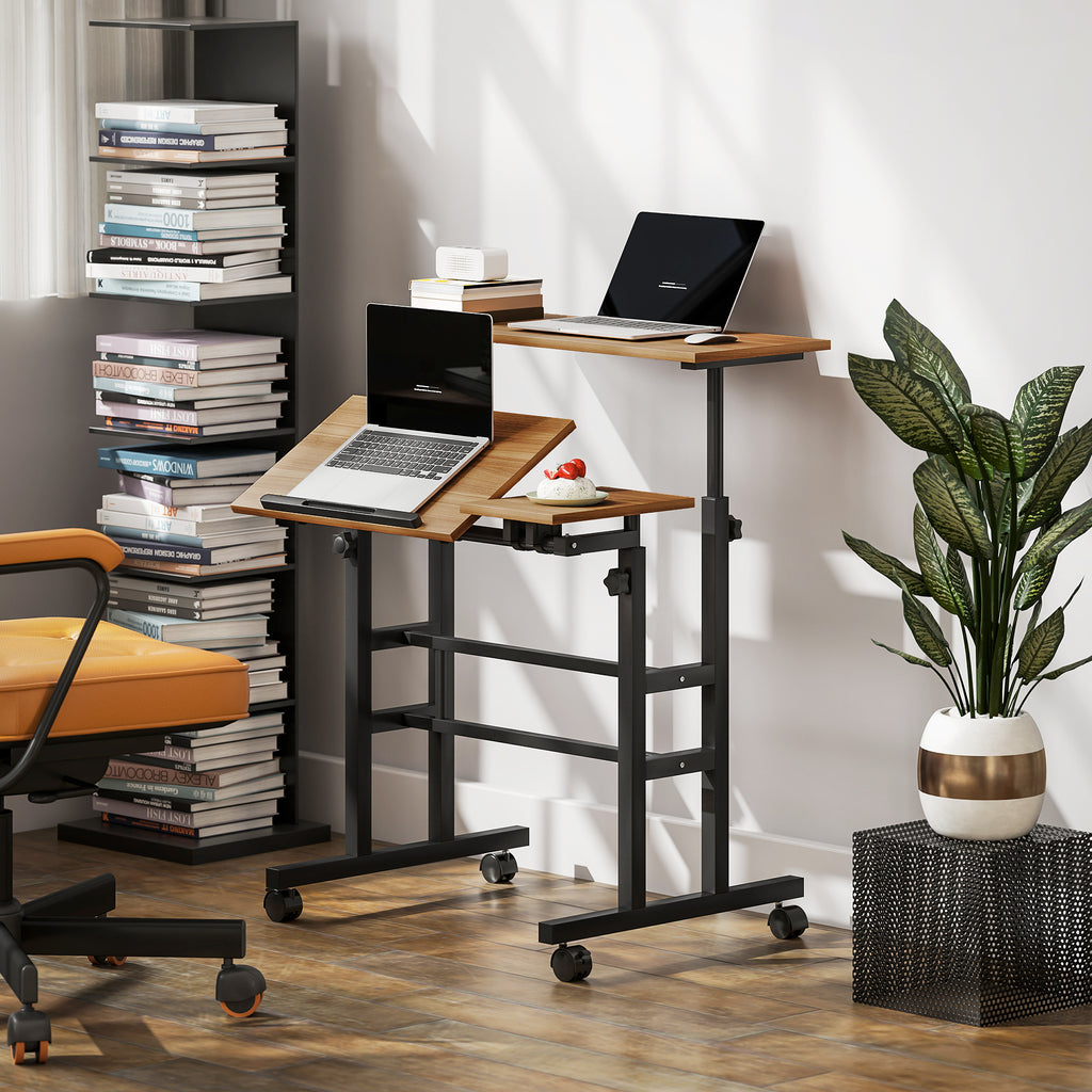 Bureau assis debout bureau réglable en hauteur 70 x 60 cm à roulettes avec plateau inclinable cadre en métal marron-9