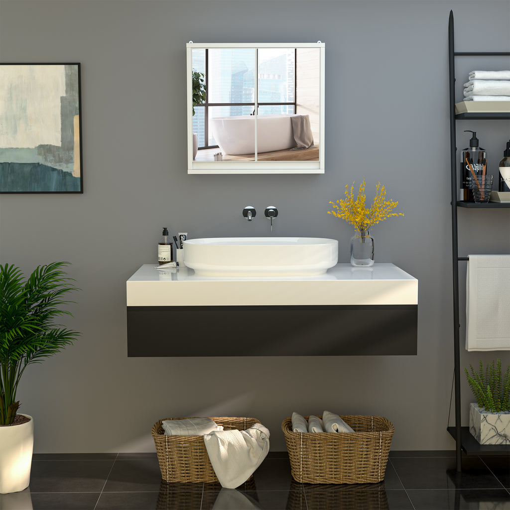 Armoire Murale Miroir Salle de Bain 2 étagères dim. 48L x 14l x 45H cm Panneaux Particules MDF Blanc-7